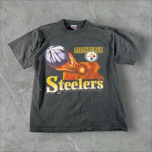 Vintage Pittsburgh Steelers Shirt Mens XL Black‎ 90s Flaming Ball Single Stitch